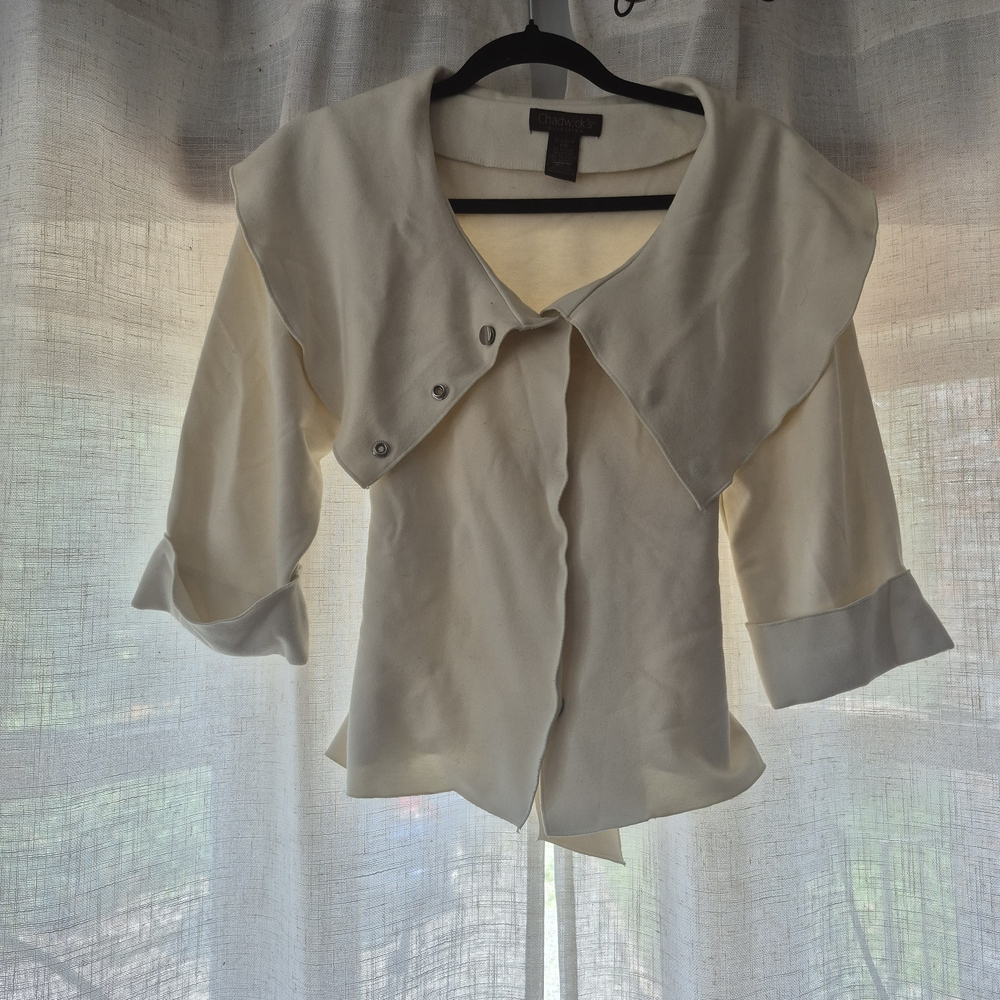 Chadwicks Tan Ruffled Tie Front Sailor Collar Cardigan